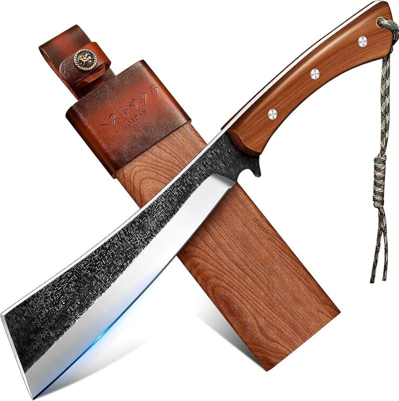 Freelander Japanese Style High Carbon Steel Machete with Red Sandalwood Ergonomic Full Tang Handle and Wood-Leather Sheath, for Camping, Hiking, Yard Work, and Survival,Christmas Gifts for Men Women - Image 1